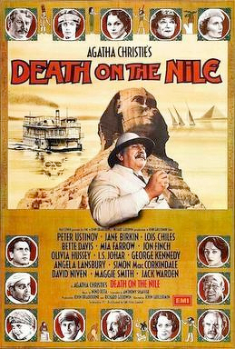 A vintage-style poster features a mix of character portraits, a large figure of a man in a hat, and a boat with the title Death on the Nile prominently displayed, surrounded by a decorative border.