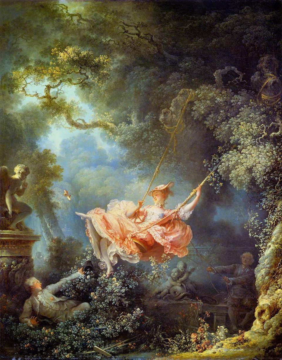 The Swing - Fragonard&10;&10;A woman in a flowing pink dress is joyfully swinging in a lush garden, surrounded by ornate foliage and statues, while a man watches from below.