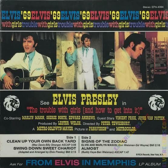 Elvis Presley is featured on an album cover for the soundtrack of The Trouble with Girls, highlighting songs from the film and scenes of him in character.