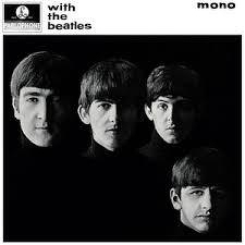 Four individuals are featured in a high-contrast, black-and-white portrait used as an album cover by The Beatles.