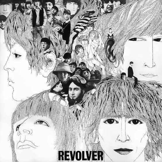 A collage of illustrated and photographic elements, featuring multiple faces and the word Revolver, likely related to an album cover.