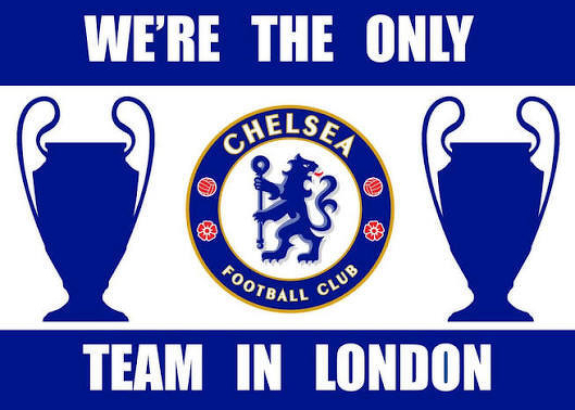 A Chelsea Football Club logo is flanked by two trophy icons with the text WE'RE THE ONLY TEAM IN LONDON.