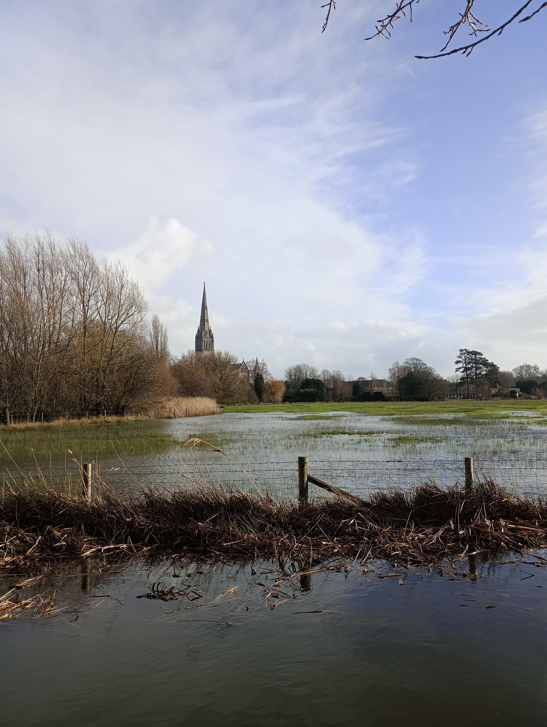 Auto-generated description: A flooded field with a fence and waterlogged landscape is set in front of a distant church spire surrounded by bare trees.