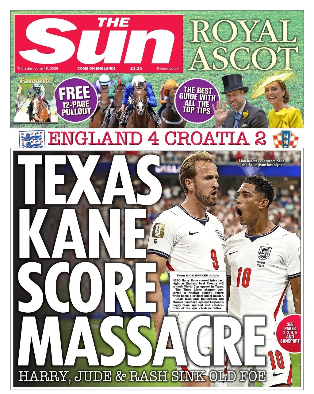 The front page of The Sun newspaper highlights England's 4-2 victory over Croatia in a football match, featuring players Harry Kane and Jude Bellingham celebrating, along with promotions for Royal Ascot and a free 12-page pullout.