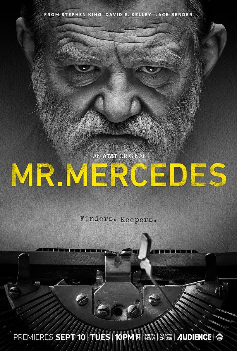 A close-up of an intense-looking man looms above the title Mr. Mercedes with a typewriter and the tagline Finders. Keepers.