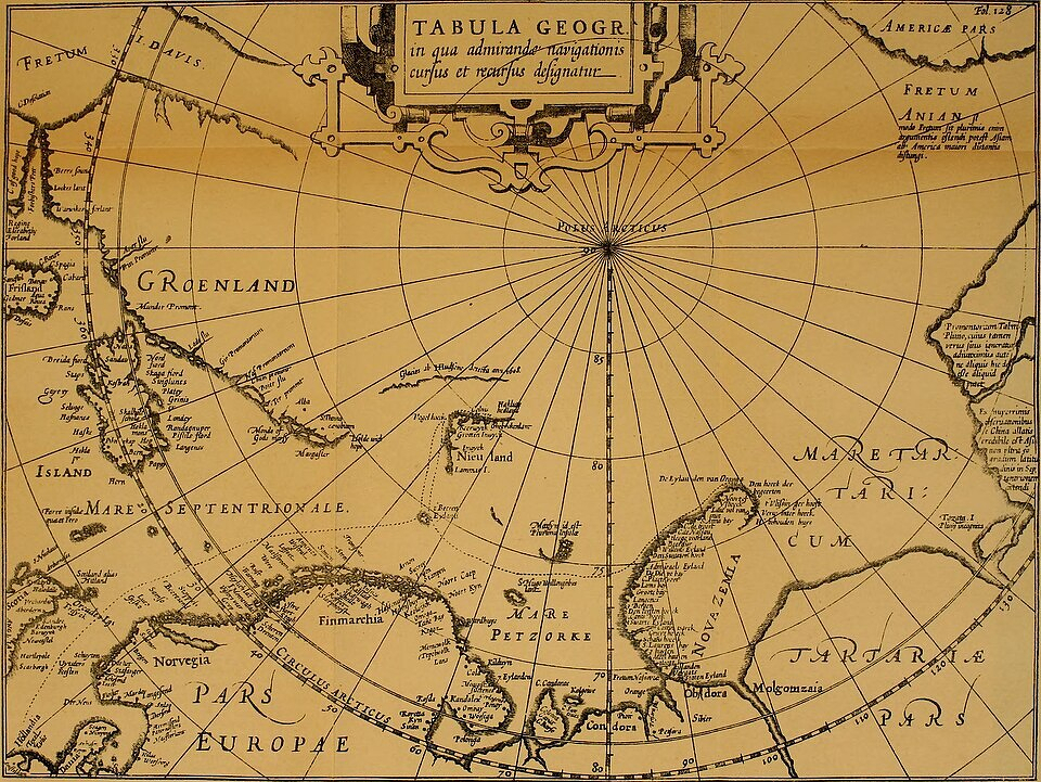 A vintage map depicts the Arctic region, including Greenland, parts of Europe, and North America, with detailed nautical and geographic markings.