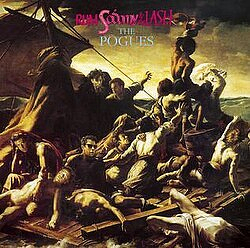 A group of people struggling on a raft in turbulent waters, depicted in a dramatic and classical painting style with the text Rain Street Madness The Pogues at the top.