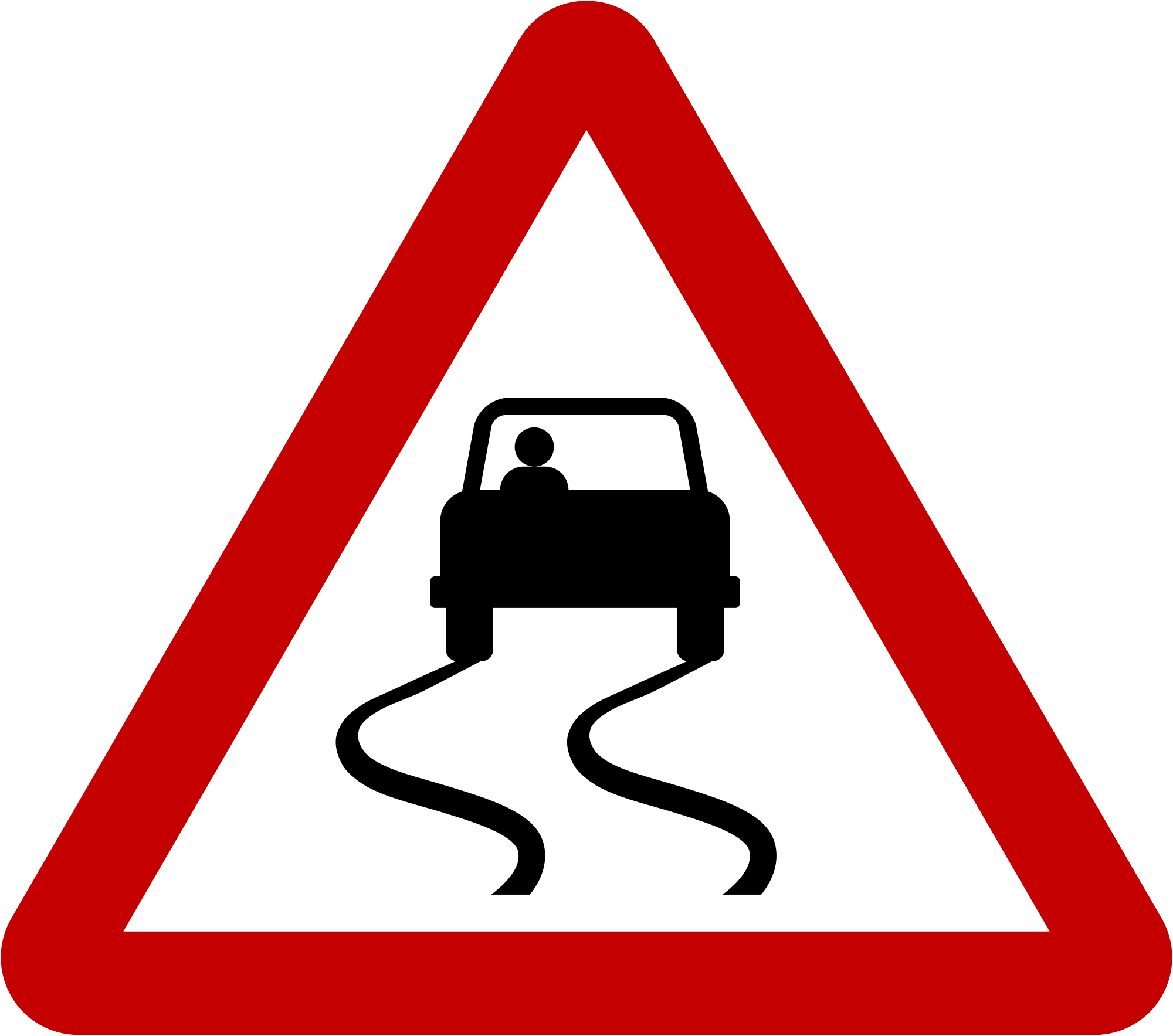 A traffic sign with a red triangle warns of slippery roads ahead, depicting a car skidding.