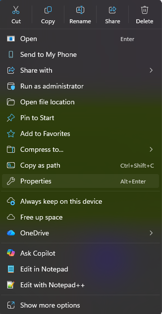 right click menu with properties at the bottom, I think