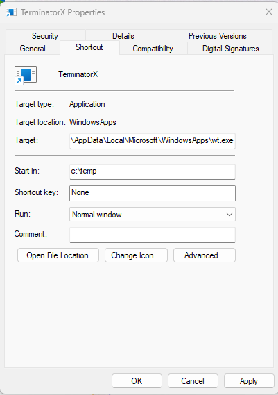 the shortcut properties window with the 'advanced' button towards the bottom right