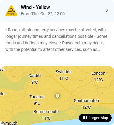 A yellow wind warning is issued starting from Thursday, October 22 at 22:00, indicating potential disruptions to road, rail, air, and ferry services, possible road and bridge closures, and occasional power cuts affecting other services in parts of southern England.