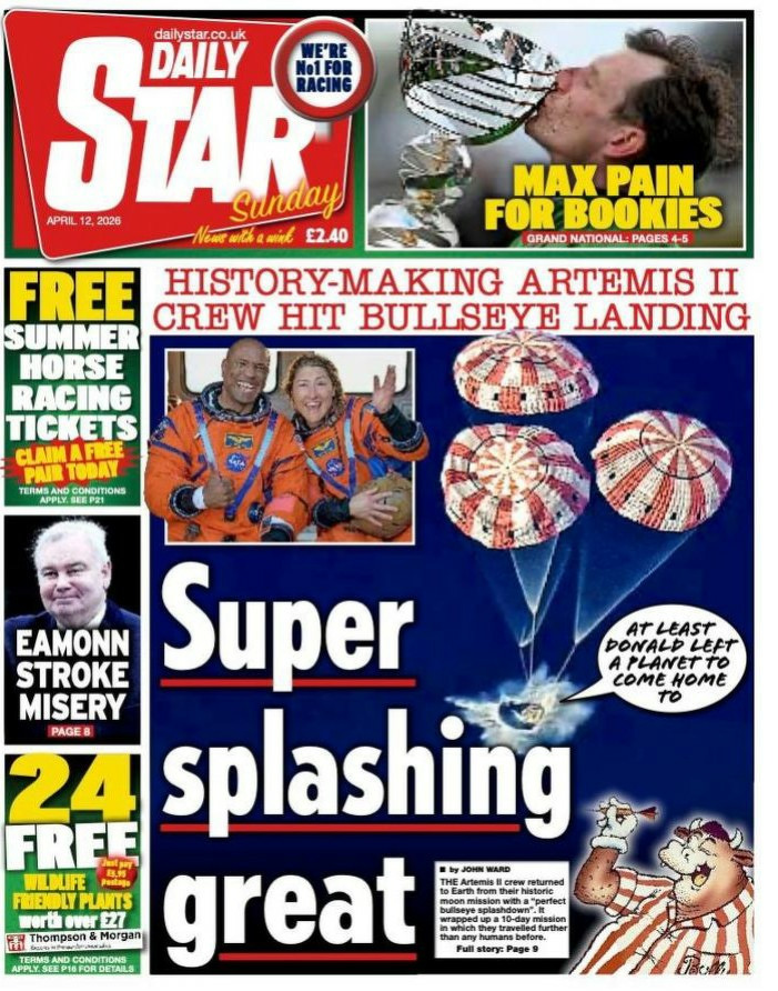 A newspaper cover features headlines about the Artemis II crew landing, free horse racing tickets, and wildlife passes, along with multiple images including parachutes, astronauts, and a man drinking from a shoe.