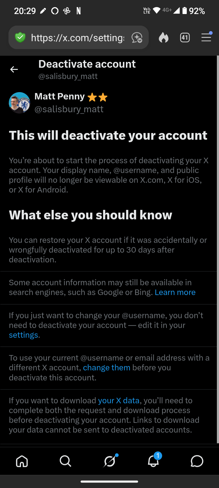 The screen shows a user's X account deactivation page with instructions and important information about the deactivation process, data recovery, and related settings.