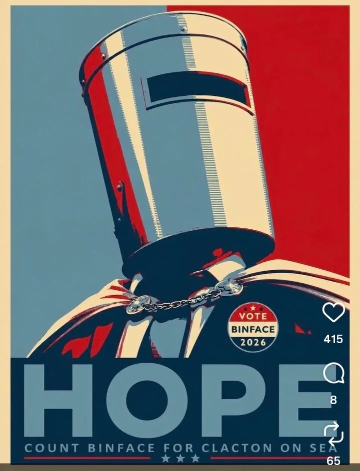 A stylized poster depicts a figure wearing a bucket helmet with a Vote Binface 2026 badge and the word HOPE prominently displayed below.