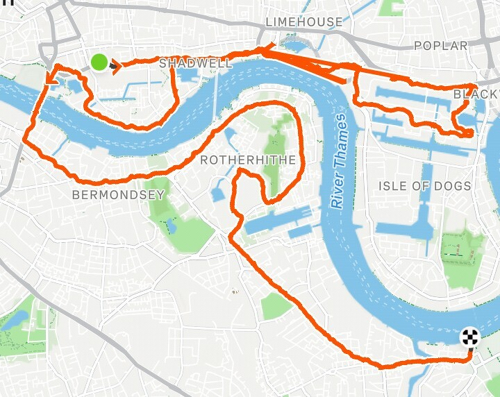 A mapped route is traced along the River Thames and surrounding areas including Shadwell, Poplar, Rotherhithe, Bermondsey, and the Isle of Dogs.
