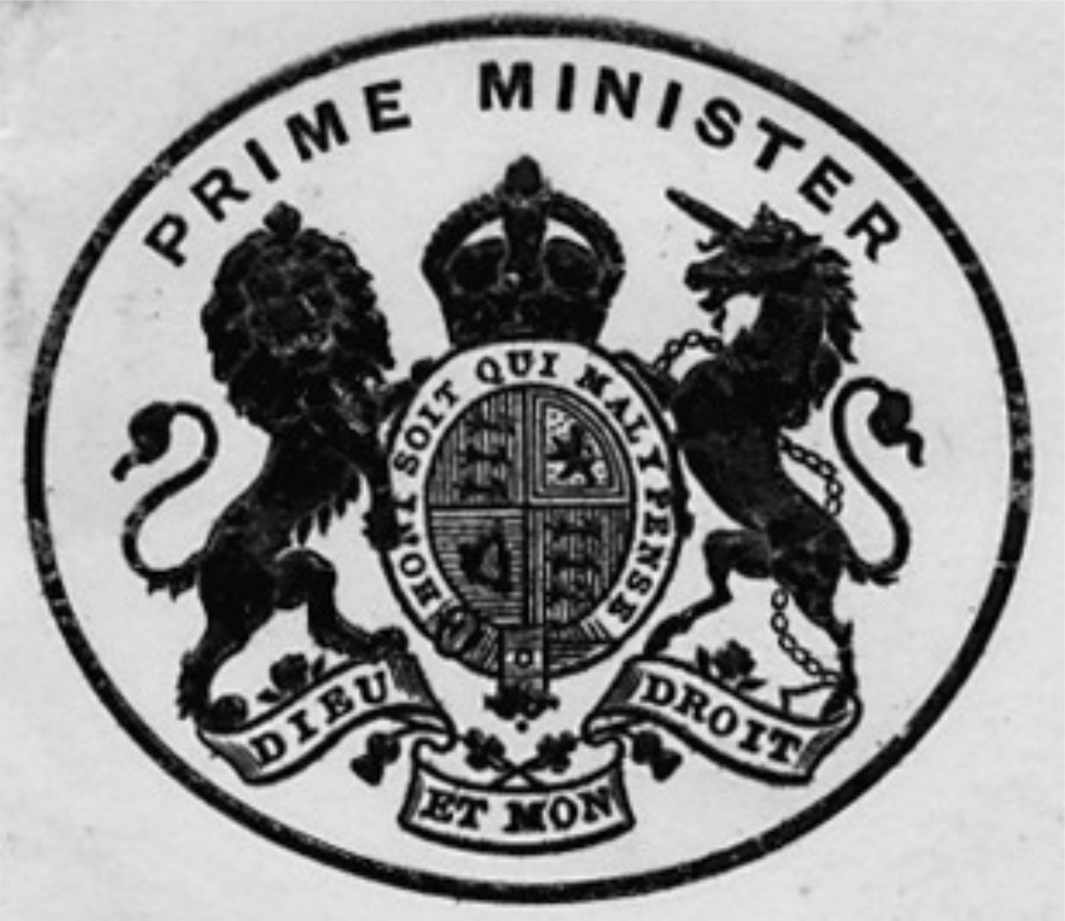 A heraldic emblem featuring a lion and a unicorn flanking a shield with a crown, surrounded by the text PRIME MINISTER and the motto DIEU ET MON DROIT along with HONI SOIT QUI MAL Y PENSE.
