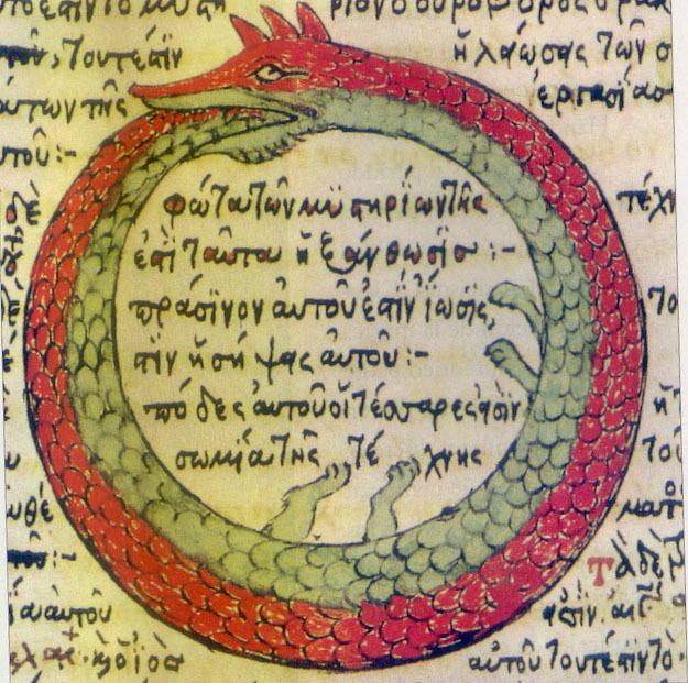A red and green serpent is depicted biting its own tail, forming a circular shape around ancient Greek text.