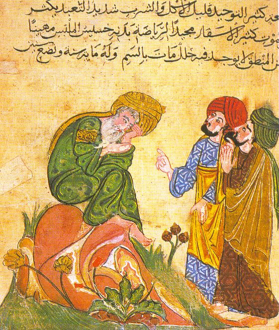 An illustration from a medieval manuscript depicts a seated elderly man in green robes and a turban, appearing contemplative or distressed, while three standing men in colorful robes and turbans engage with him against a backdrop of stylized plants and Arabic script.&10;&10;