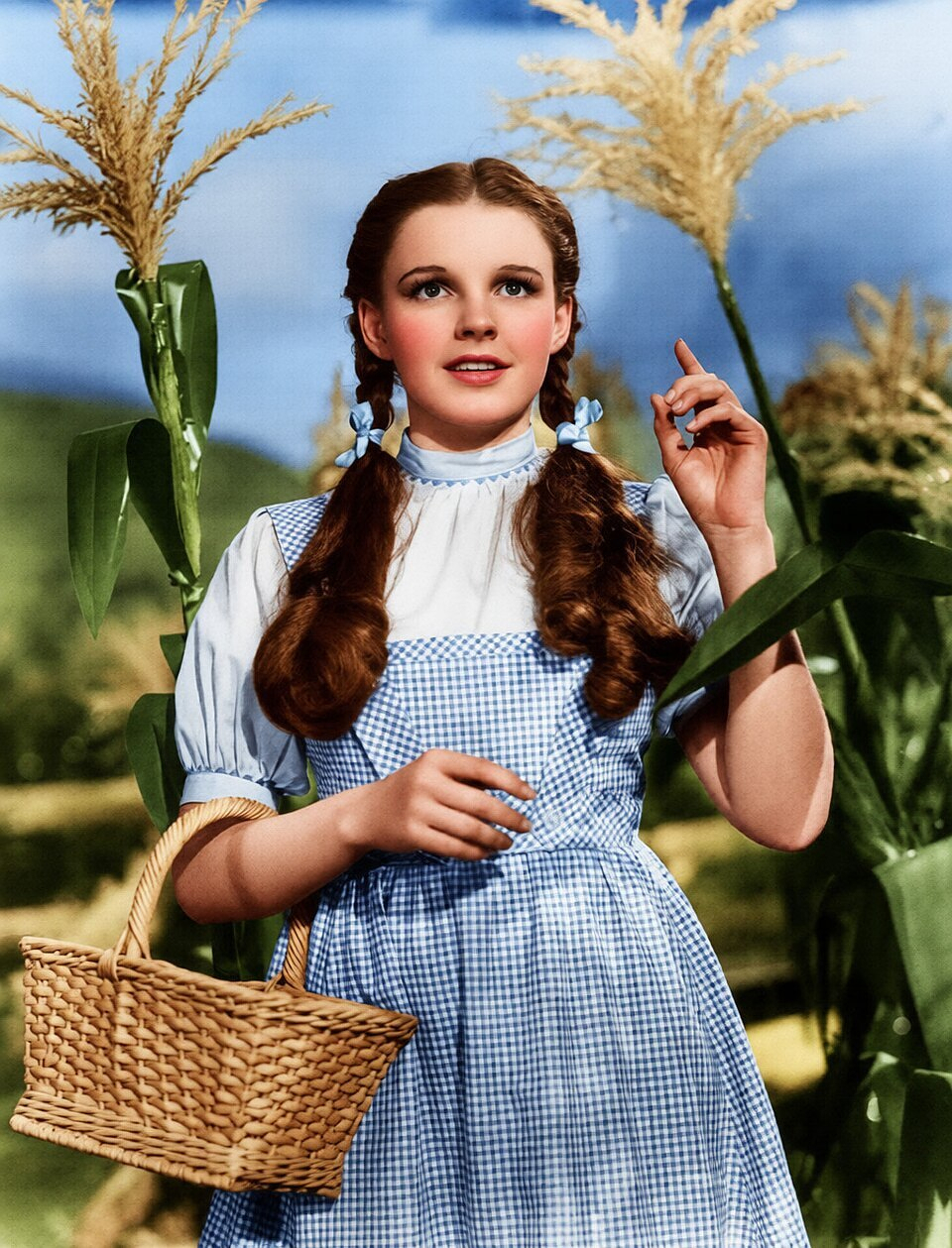 A young girl with braided hair wearing a blue gingham dress and holding a wicker basket stands among tall corn plants.