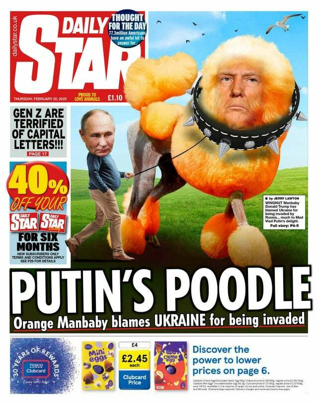 A whimsical and exaggerated newspaper cover features a large poodle with a prominent human face, alongside humorous text and images, including figures resembling public figures.