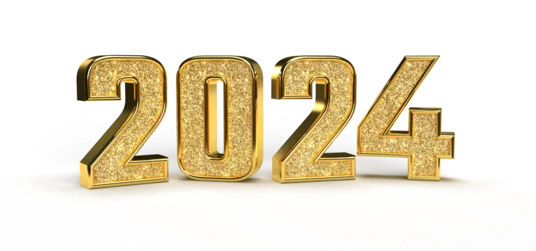 Gold 3D render of the number '2024'.