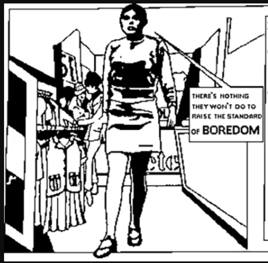 A black and white illustration of a disinterested woman walking through a store with shelves, and a satirical comment about boredom near the top-right.