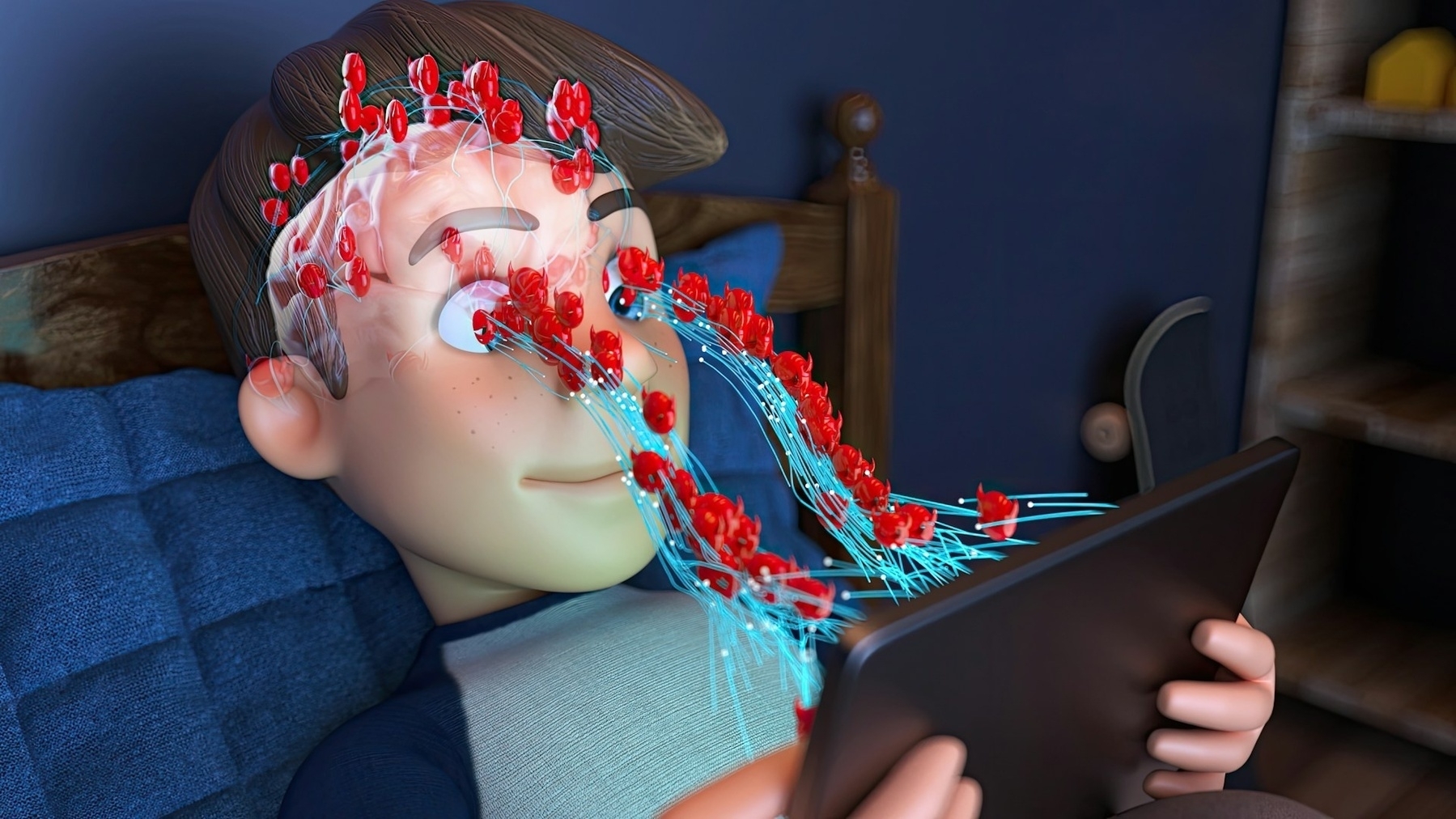 Illustration of a teenager holding a tablet it's connective tissue coming out of their eyes and going into the screen.