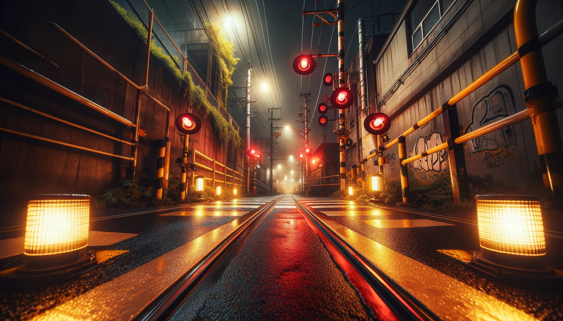 An ultra-high-resolution image depicting a nighttime scene on a deserted urban street leading to a railway crossing. The street is wet, with light reflections and white road markings. A building on the left side has a light gray facade with bright red graffiti, a red-lit window, and is lined with pipes and wires. A brown metal fence with barbed wire and a leaning pole with a yellow stripe is on the right, separating the sidewalk from the railway tracks. The background showcases illuminated street lamps, greenery, and building silhouettes, evoking a quiet, mysterious urban atmosphere.