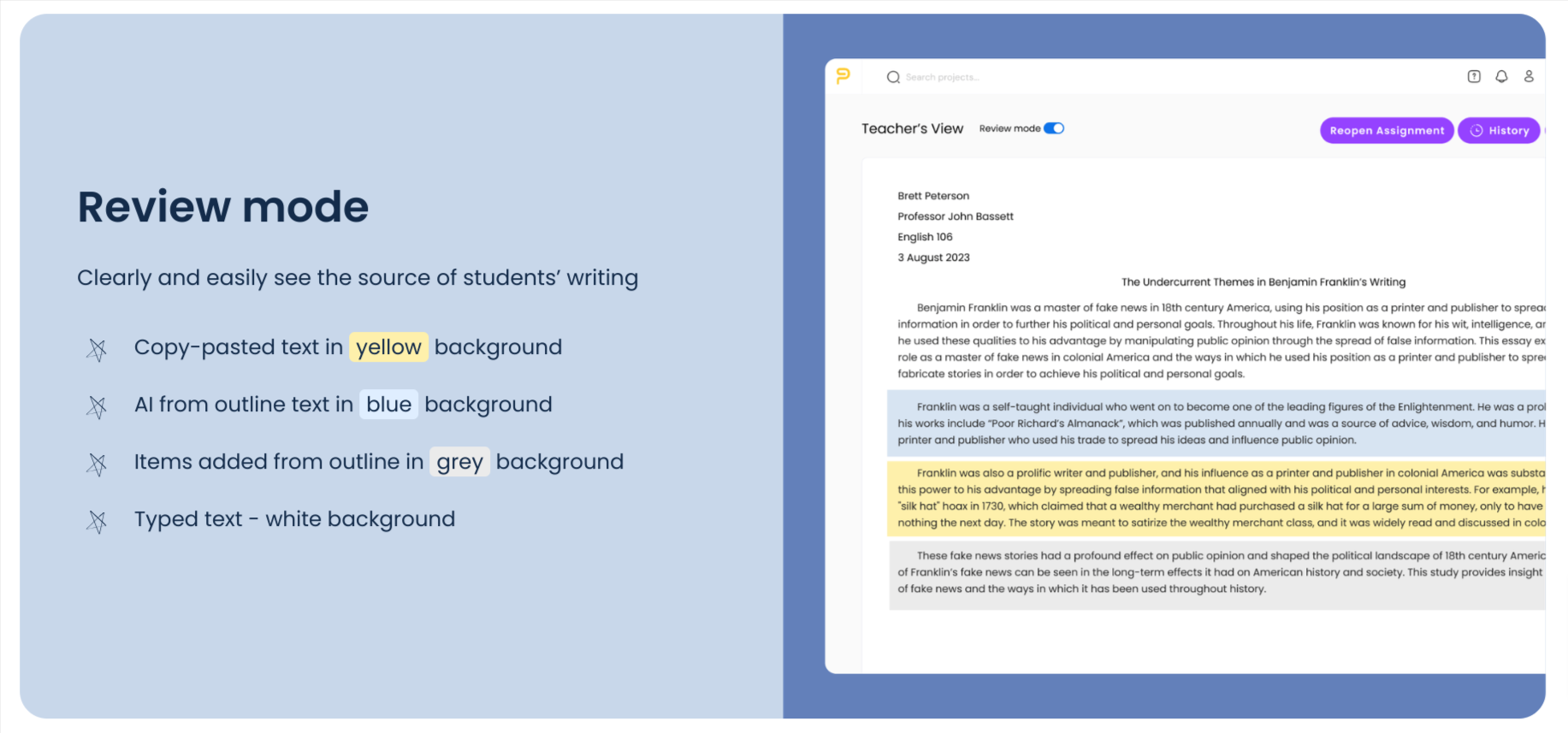 Screenshot showing PowerNotes tool highlighting copy/pasted text and AI-generated text