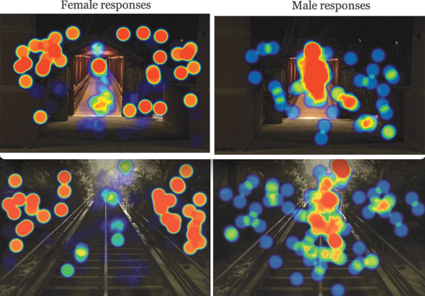 Four images showing 'heatmaps' of areas of interest comparing men and women
