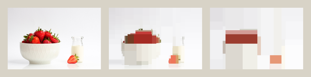 A grid of three images, each depicting a bowl of strawberries, a small glass bottle of milk, and a single strawberry on a clean, white surface. The images progressively become more pixelated from left to right.