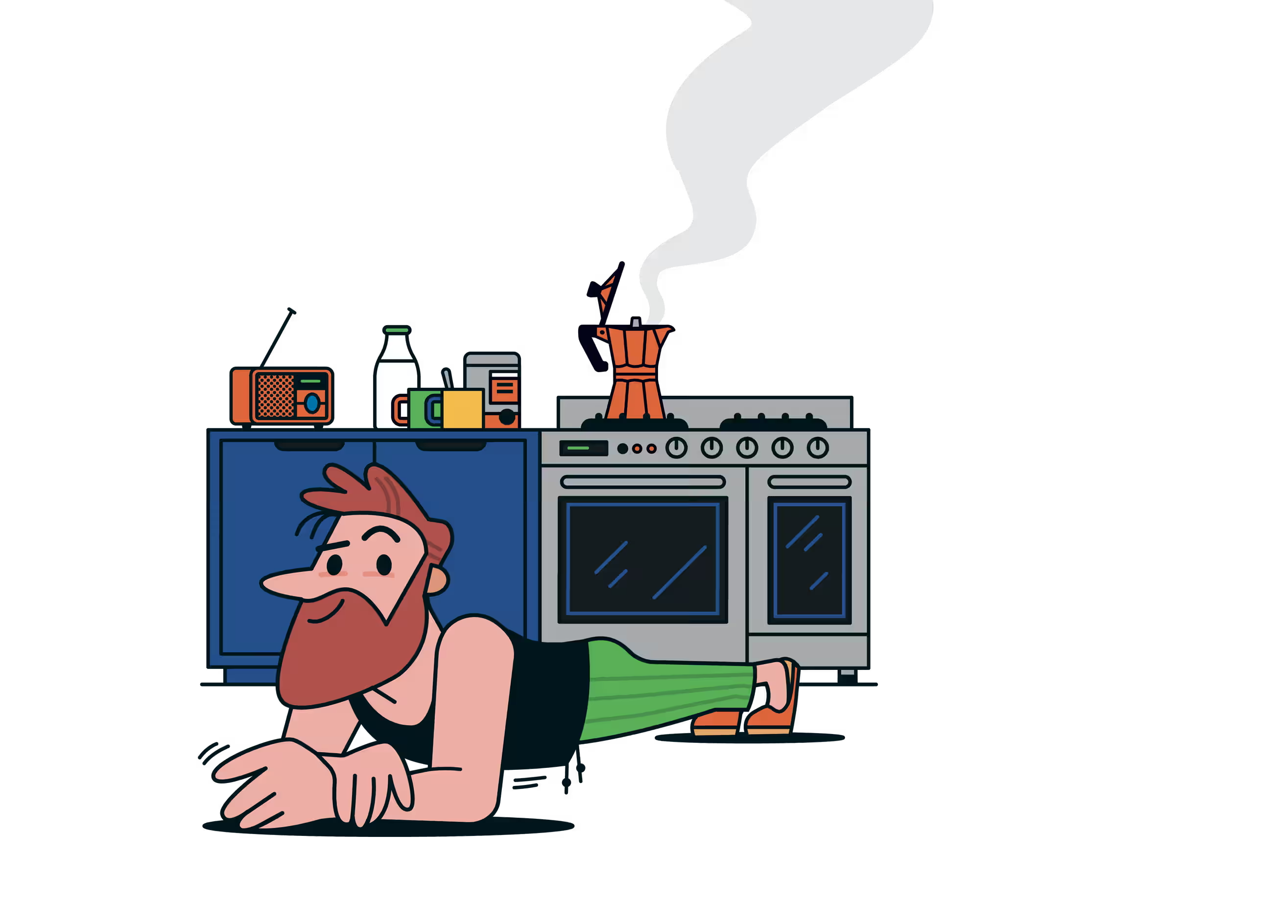 Illustration of a man doing a 'plank' while the coffee is brewing