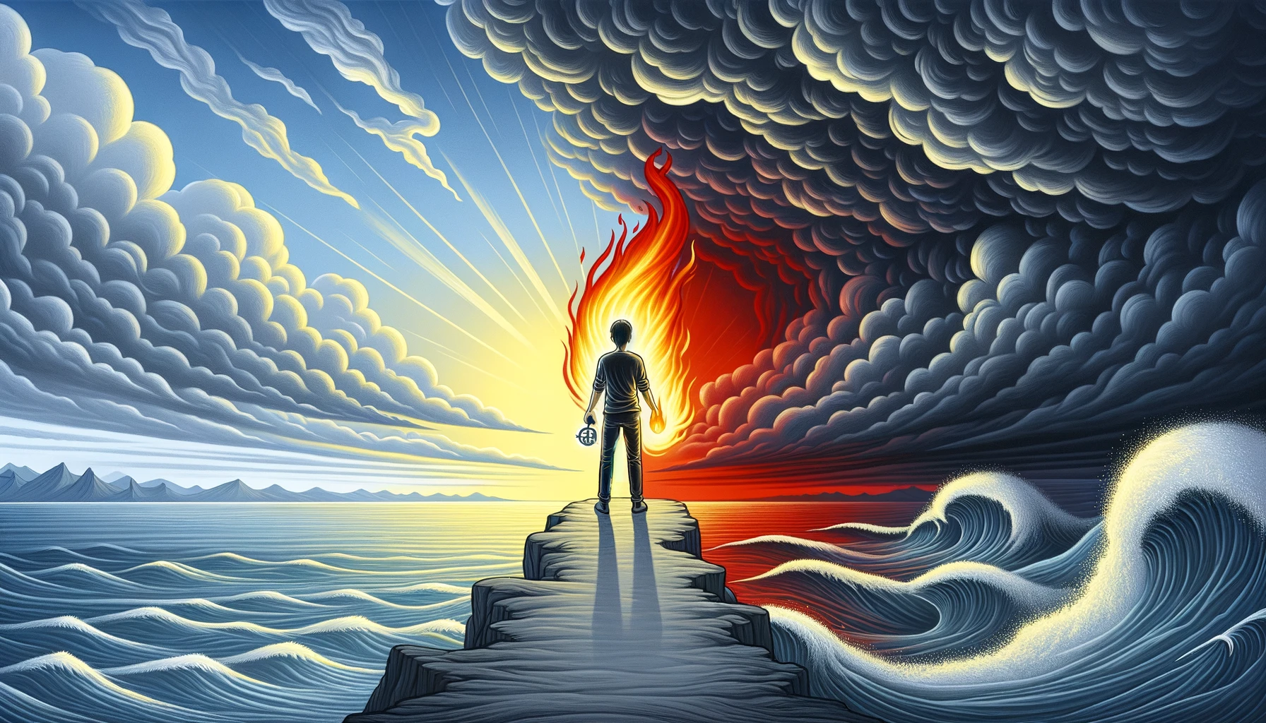 A person stands at the tumultuous sea's edge under a stormy sky, symbolizing anger. They hold a compass for guidance and a bright red flame for energy. The sea and sky calm towards the horizon, transitioning to a serene landscape with a clear path forward. The palette includes Light Gray for the sky, Dark Gray for the sea, Bright Red for the flame, Yellow for the landscape, and Blue for the calm sea, embodying the transformation of anger into positive action through Stoic philosophy and nonviolent communication.