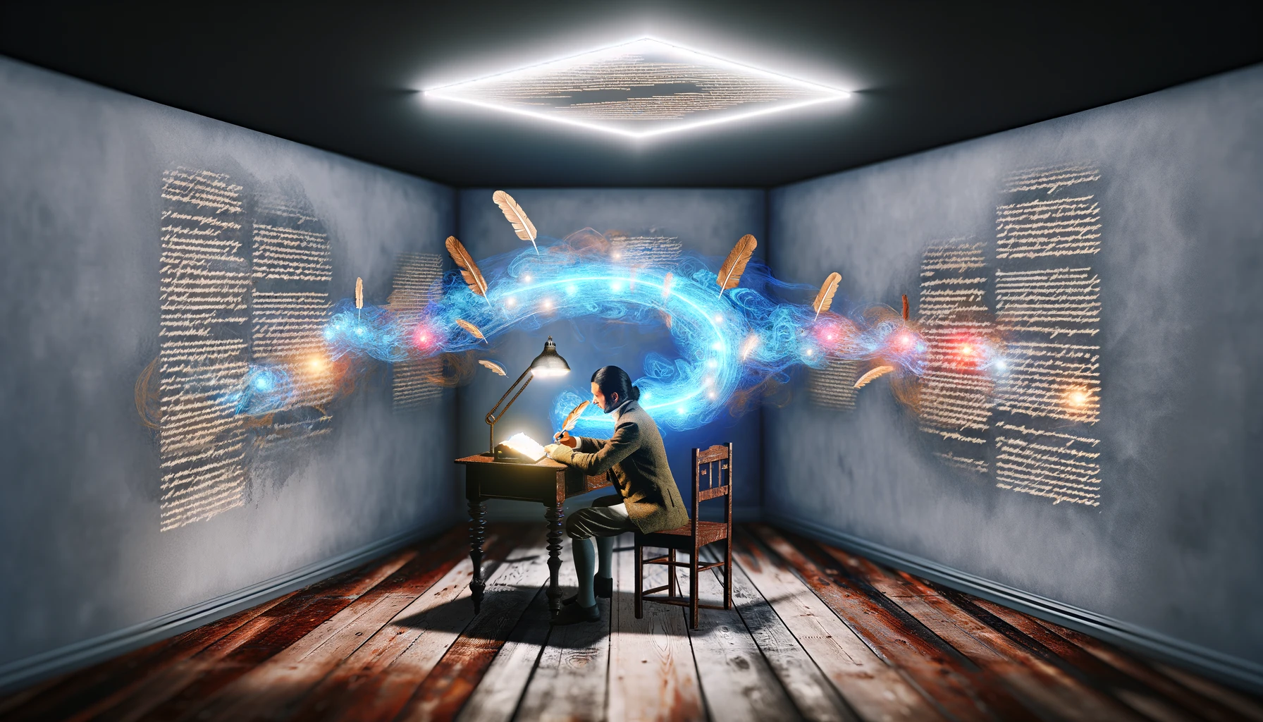 A serene and imaginative moment of creativity captured in a room where traditional and futuristic elements blend. A person sits at a dark wood desk, deeply focused on writing with a classic quill pen. Above the desk, a modern, sleek lamp emits bright red light, while a holographic display projects swirling texts and images in blue and yellow. The room's walls are light gray, symbolizing a harmonious blend of the past and the future. This image highlights the human element in writing during the age of generative AI, focusing on the intimate and creative process.