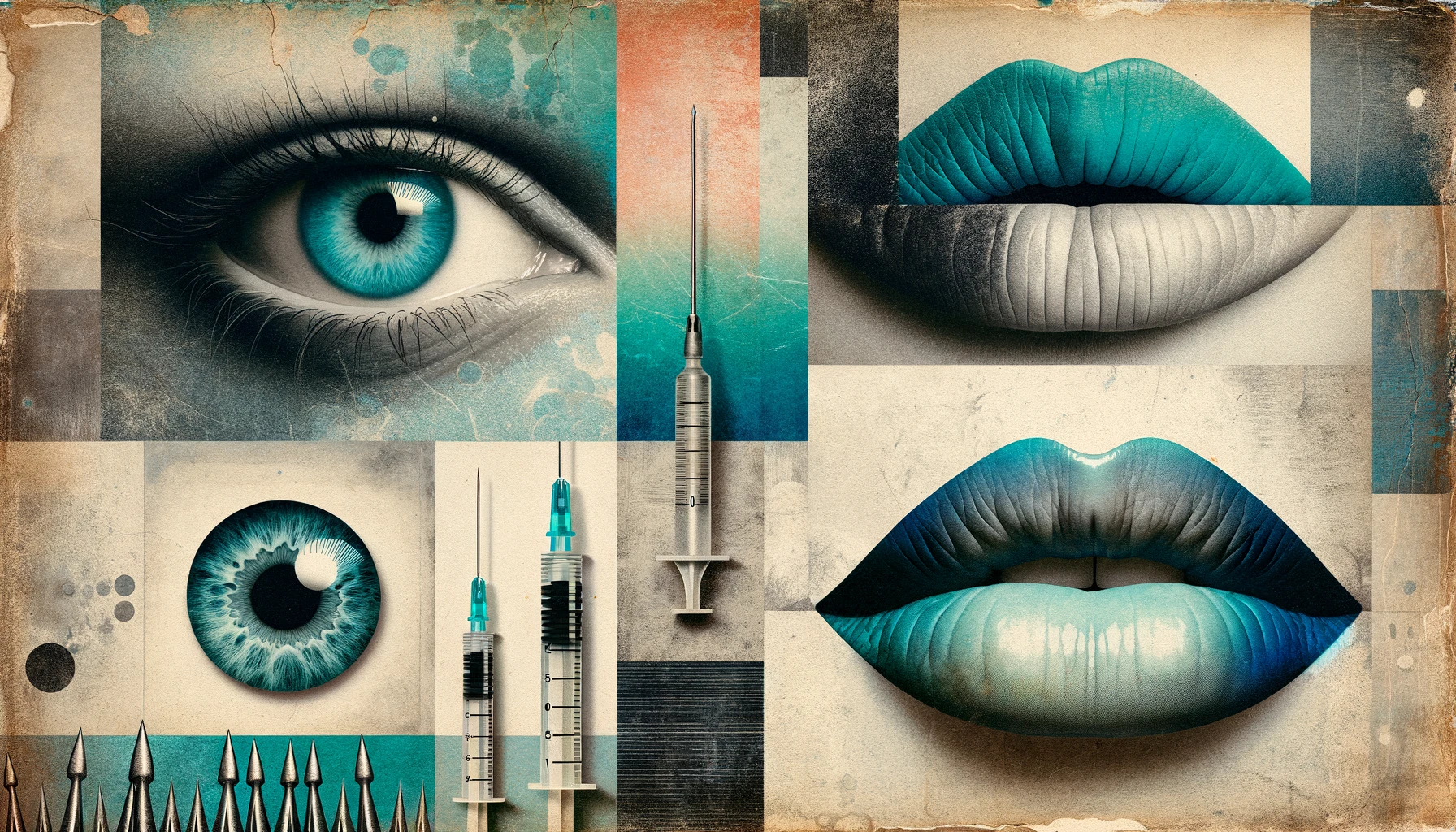 A surreal digital collage featuring an array of elements including two distinct eyes and a pair of oversized, gradient blue lips. The background has a textured appearance with gradations of blue, simulating a rough, painted surface. One eye is smaller with a light blue hue, viewed from the side, while the other eye is larger, rendered in grayscale with a naturally colored pupil, and appears to be pierced by a screwdriver. The lips are luscious with a glossy finish, transitioning from light to dark blue. Abstract shapes with black, white, and blue patterns are scattered throughout, with barbed wire running along the bottom and a realistically depicted syringe with a sharp needle pointing upwards, giving a metallic shine. The composition is vibrant yet unsettling, evoking a dreamlike and imaginative atmosphere within the specified color scheme.