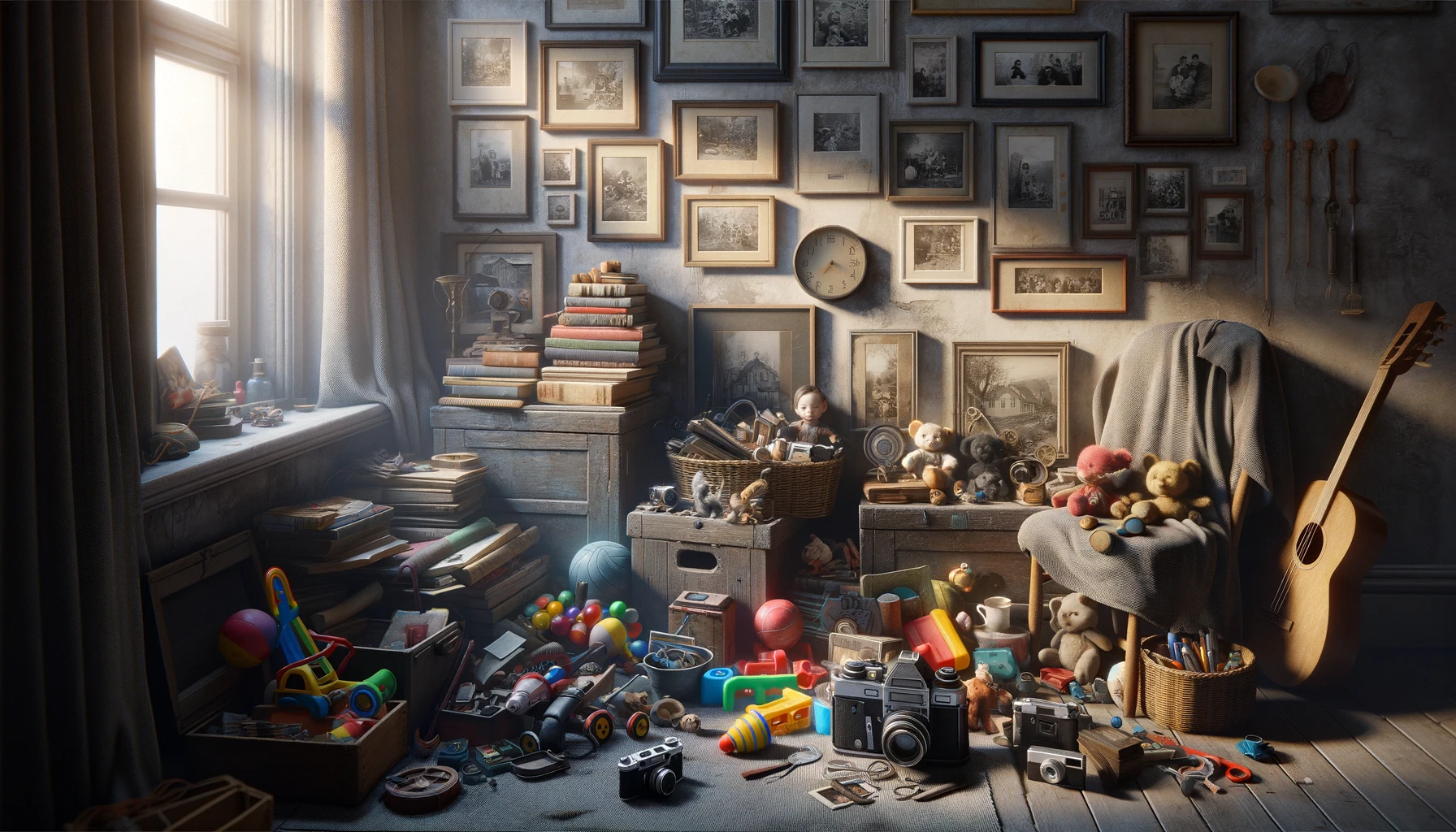 A cozy, cluttered corner of a room, filled with items that narrate a personal history. There are old toys, worn books, a vintage camera, and family photos in various frames, all bathed in soft natural light. The scene captures a sense of warmth and depth, highlighting the complex emotions tied to these possessions.