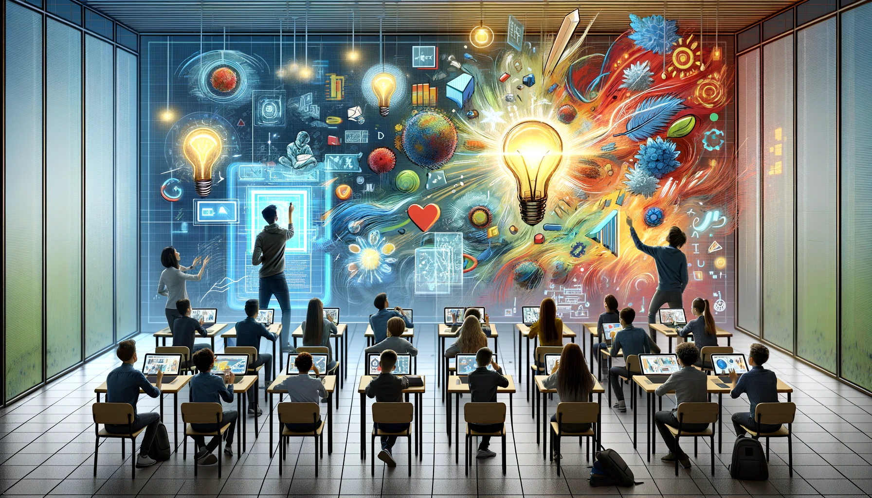 This image brings to life a classroom where technology and human interaction are seamlessly integrated. Interactive walls respond to students' inputs in real-time, with the teacher facilitating a dynamic learning experience. The vibrant colors against the sophisticated grays highlight the sparks of insight and creativity flowing through the room.