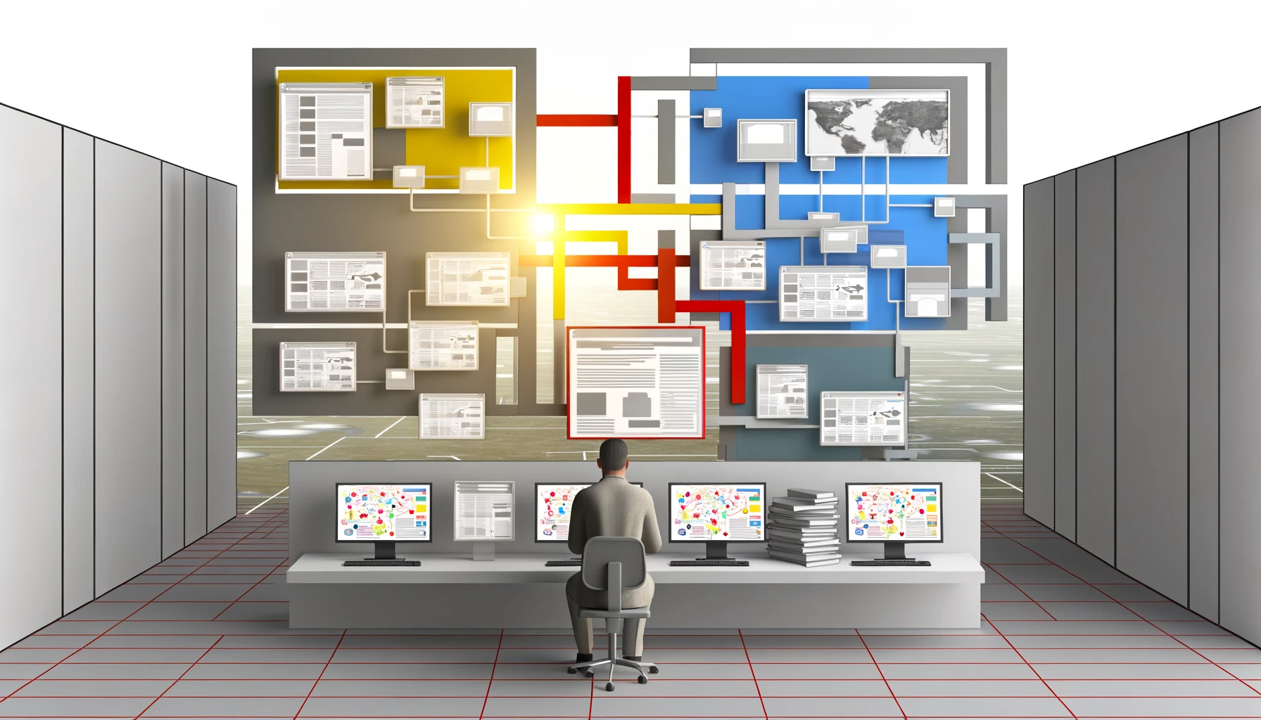 This image presents a modern digital landscape where an individual exemplifies mastery over their digital environment. The setting is a realistic workstation, where the individual is surrounded by multiple screens displaying organized data and content. These screens visualize structured information pathways, connecting various pieces of content, symbolizing the individual's adeptness at navigating and controlling their digital realm. The use of light gray, dark gray, bright red, yellow, and blue accentuates the seamless integration of technology into daily life, highlighting a harmonious balance between technological advancement and accessibility. This portrayal captures the essence of digital mastery in today's context, showcasing practical empowerment and active participation in the digital world, steering away from the futuristic to emphasize the attainable and the now.