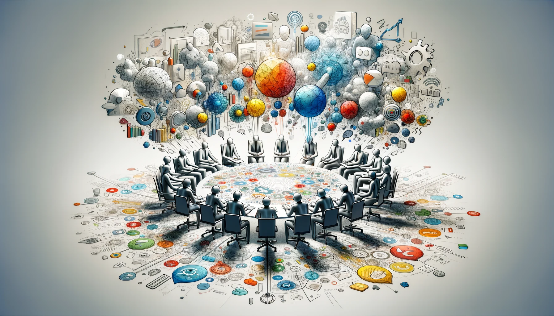 This image illustrates a roundtable discussion among diverse stakeholders in an abstract, conceptual space. Abstract figures representing different roles and perspectives are engaged in dialogue, with floating symbols of ideas, conflicts, connections, and solutions surrounding them. The scene captures the essence of collaboration and diversity in addressing complex social challenges, emphasizing the collective effort necessary in systems thinking. The vibrant color scheme of light gray, dark gray, bright red, yellow, and blue enriches the discussion, highlighting the vibrant and varied nature of collaborative problem-solving in interconnected social systems.