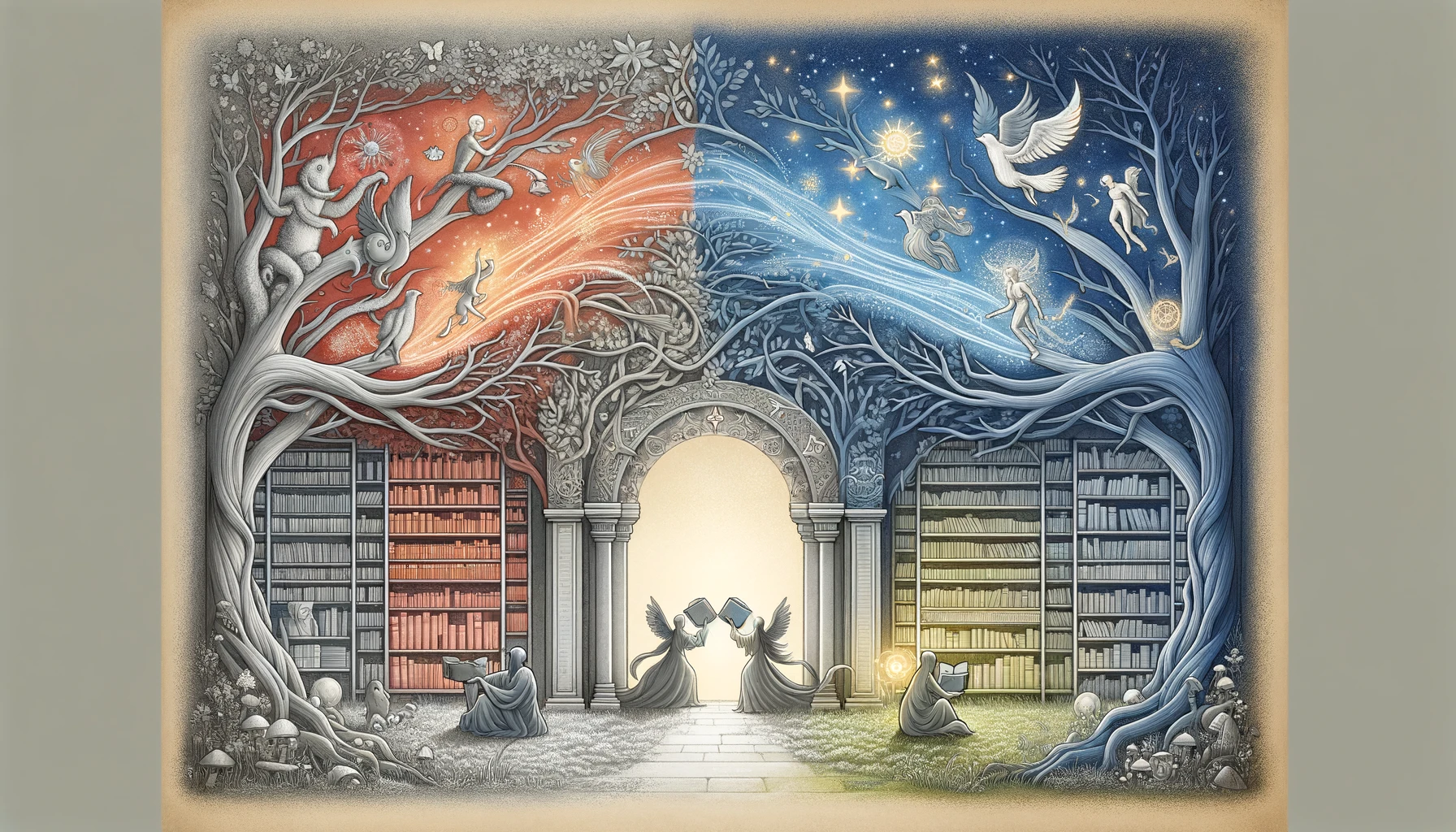 An ancient library transitions into an enchanted forest, where mystical creatures and philosophers exchange ideas, under a canopy of intertwined branches and glowing manuscripts, illustrating the harmonious integration of folklore and philosophy, depicted in light gray, dark gray, bright red, yellow, and blue.