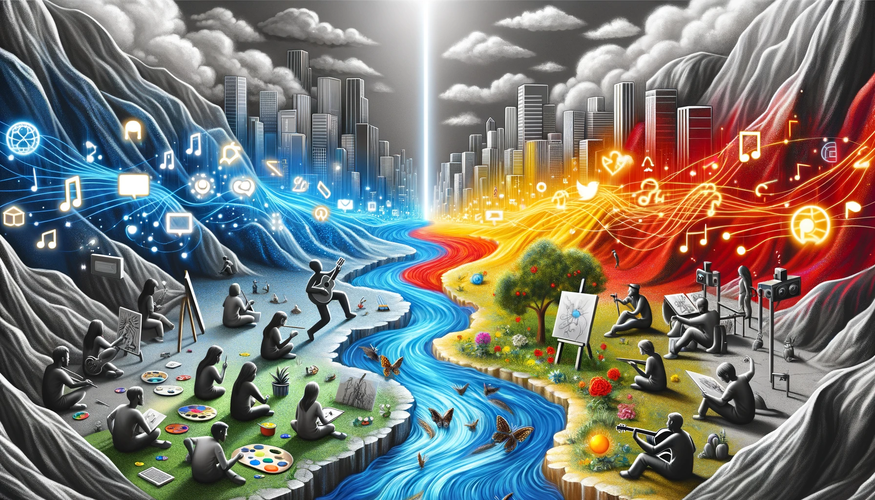 A landscape divided into a digital stream and a creative river, with the former depicted in light gray, dark gray, and bright red, symbolizing media consumption, and the latter in yellow and blue, illustrating people engaging in creative pursuits along its banks, highlighting the balance between digital engagement and personal creativity.