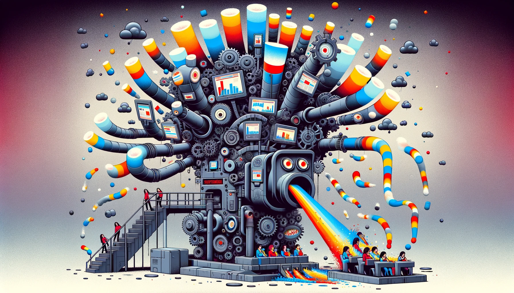 A surreal representation of the digital era's climax, where users are depicted as digital avatars being force-fed content by a colossal, mechanical behemoth. This machine, symbolizing Big Tech, is fueled by outrage and engagement, its machinery adorned with rising shareholder value graphs, all portrayed in an imaginative color scheme of Light Gray, Dark Gray, Bright Red, Yellow, and Blue.