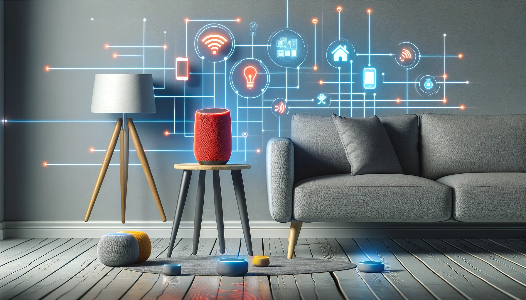 A modern living room with light and dark gray decor features a bright red smart speaker connected to various smart home devices in yellow and blue by glowing blue lines, symbolizing the initial phase of technological integration governed by human rules.