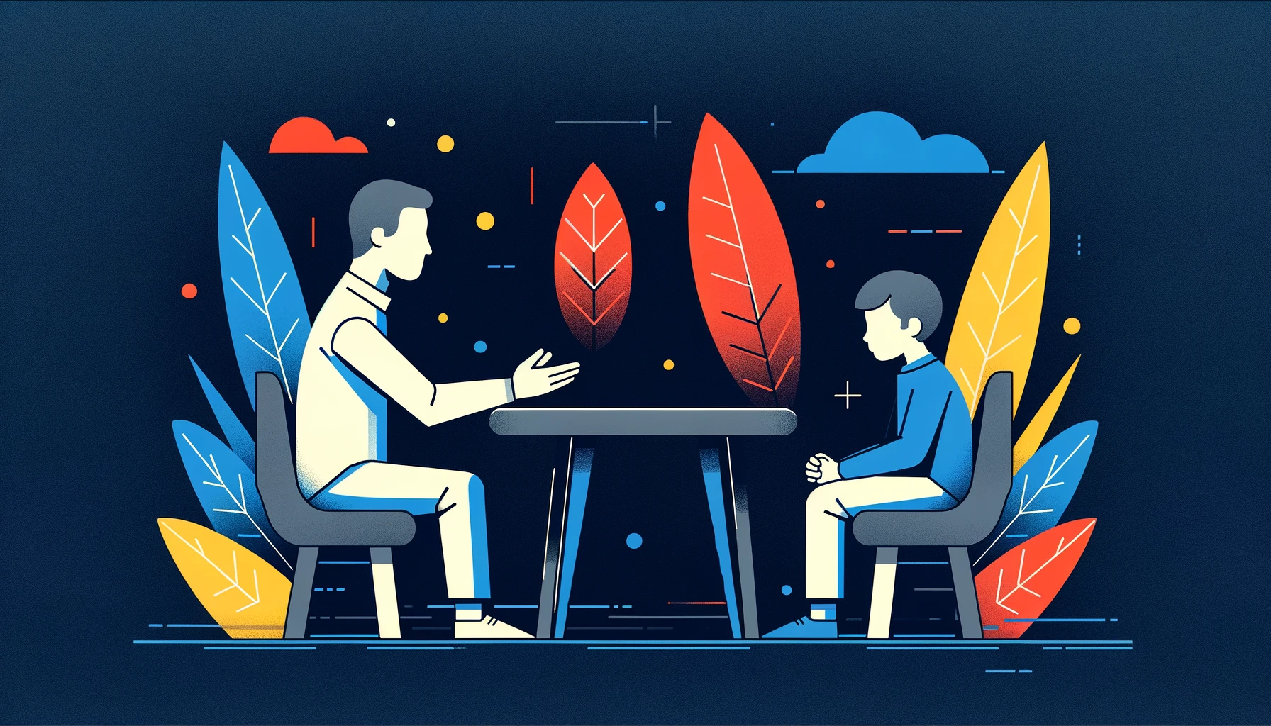 A child and an adult engage in a respectful conversation at eye level, seated at a dark gray table with light gray chairs. The environment, accented with elements in bright red, yellow, and blue, underscores the importance of treating children with the same respect and dignity as adults, emphasizing the value of meaningful communication.