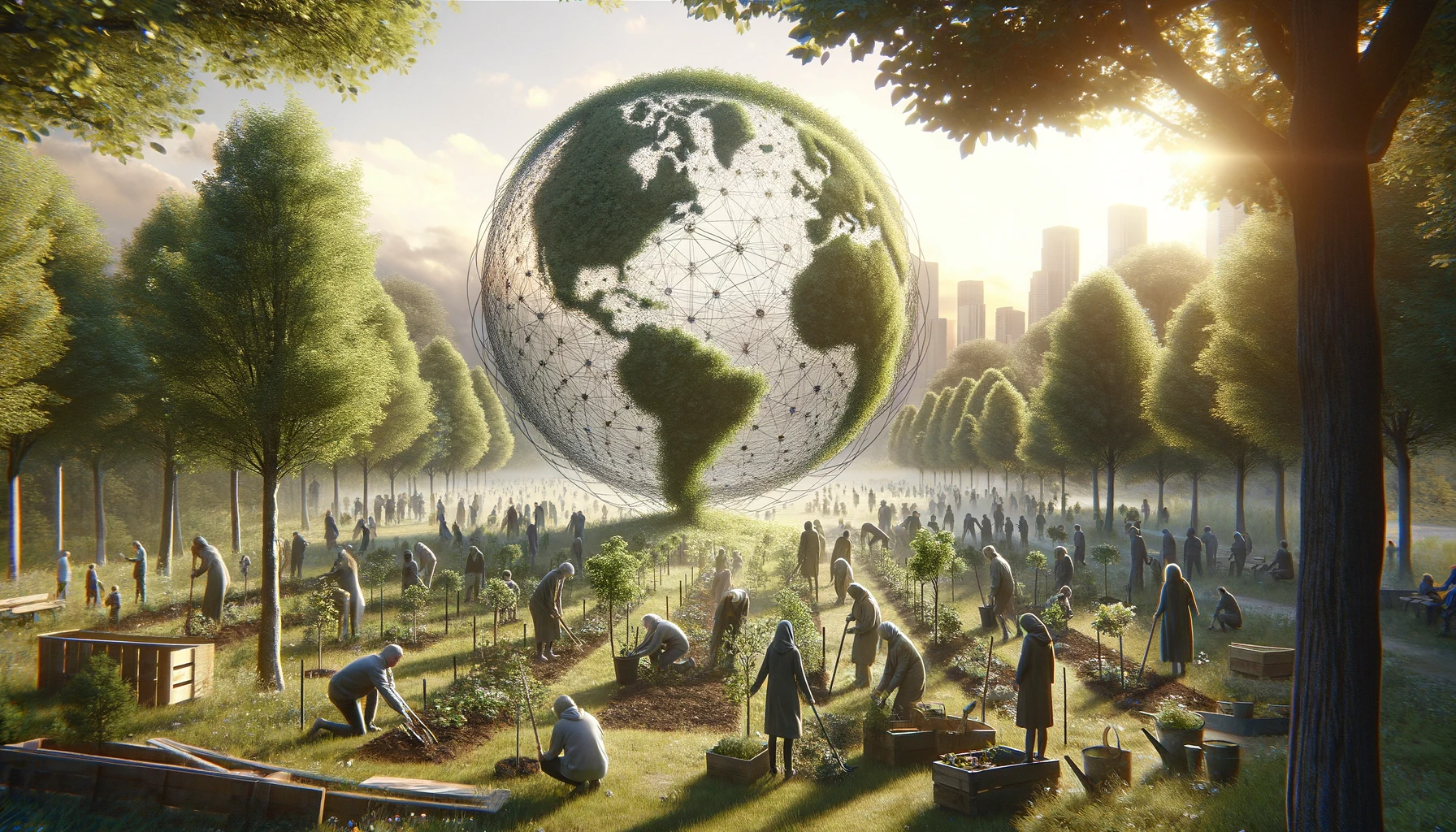 The image portrays a grounded, realistic scene within that visually interprets the concept of natality, inspired by Hannah Arendt. It depicts a community gathering in a park or natural setting, actively participating in planting trees and caring for a garden. This setting symbolizes the principle of natality through the act of nurturing new life and the collaborative effort to foster growth and renewal. The scene embodies the essence of natality as the capacity for continuous human existence, highlighting practical actions that contribute to the creation of a hopeful future.