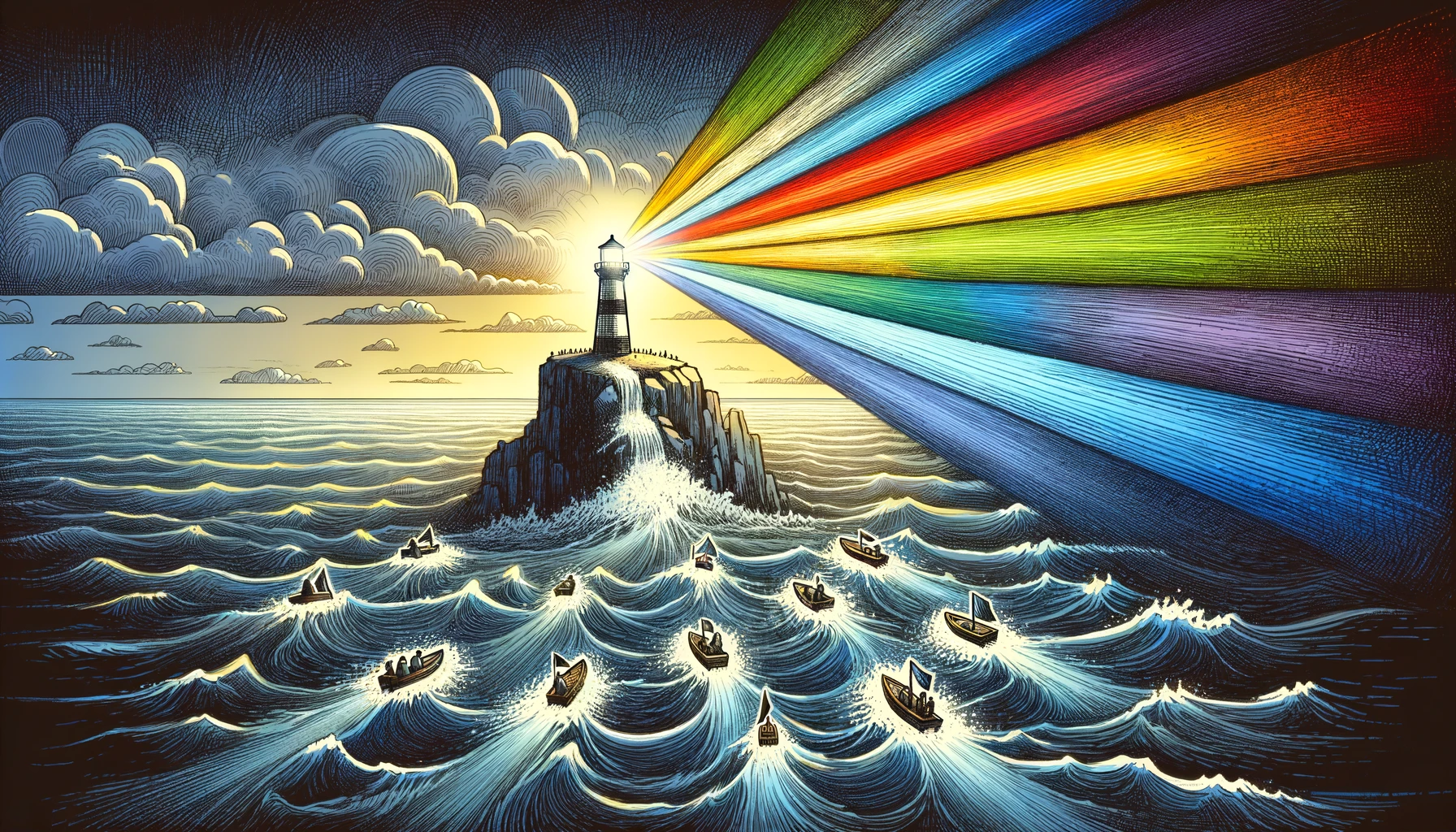 A lighthouse stands tall on a rugged cliff, emitting a powerful, multi-colored beam of light that pierces through a dark, stormy sea below. The beam, in shades of light gray, dark gray, bright red, yellow, and blue, guides small boats carrying diverse internet users towards a calm, welcoming shore. This scene symbolizes the efforts of individuals and communities to navigate through the chaotic and often hostile digital ocean, seeking safe, inclusive online environments. The lighthouse serves as a beacon of hope and guidance amidst the tumultuous waters, representing the importance of creating a supportive and protective space for all users in the vast digital landscape.