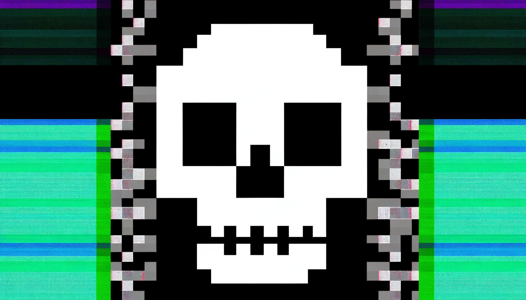 A pixelated skull graphic is centered on a black background, with horizontal bands of vibrant colors intersecting the image, simulating a visual glitch. The colors — light gray, dark gray, bright red, yellow, and blue — appear in sharp, fragmented lines that give the impression of the image being momentarily disrupted by digital interference. The pattern of gray crosses is subtly visible in the background, further adding to the glitch effect. This digital distortion suggests that the skull image is experiencing a moment of digital decay, reminiscent of static interference on an old television screen.