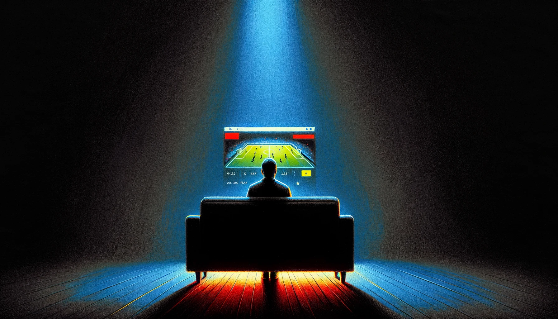 This image portrays a lone figure illuminated by the light of a smartphone screen, surrounded by darkness. It captures the solitary nature of sports betting through apps, contrasting the vibrant world of sports with the individual's isolation.