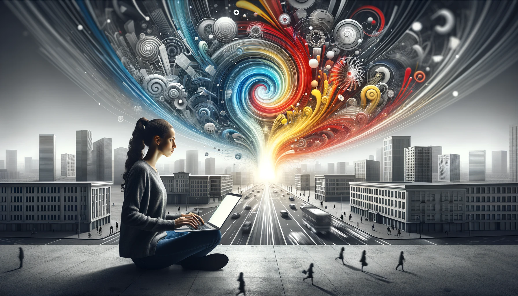 A young woman sits in the foreground focused on her laptop, which is the source of a swirling, colorful vortex of digital shapes against a greyscale backdrop of a contemporary cityscape, highlighting the intersection of technology and modern life.