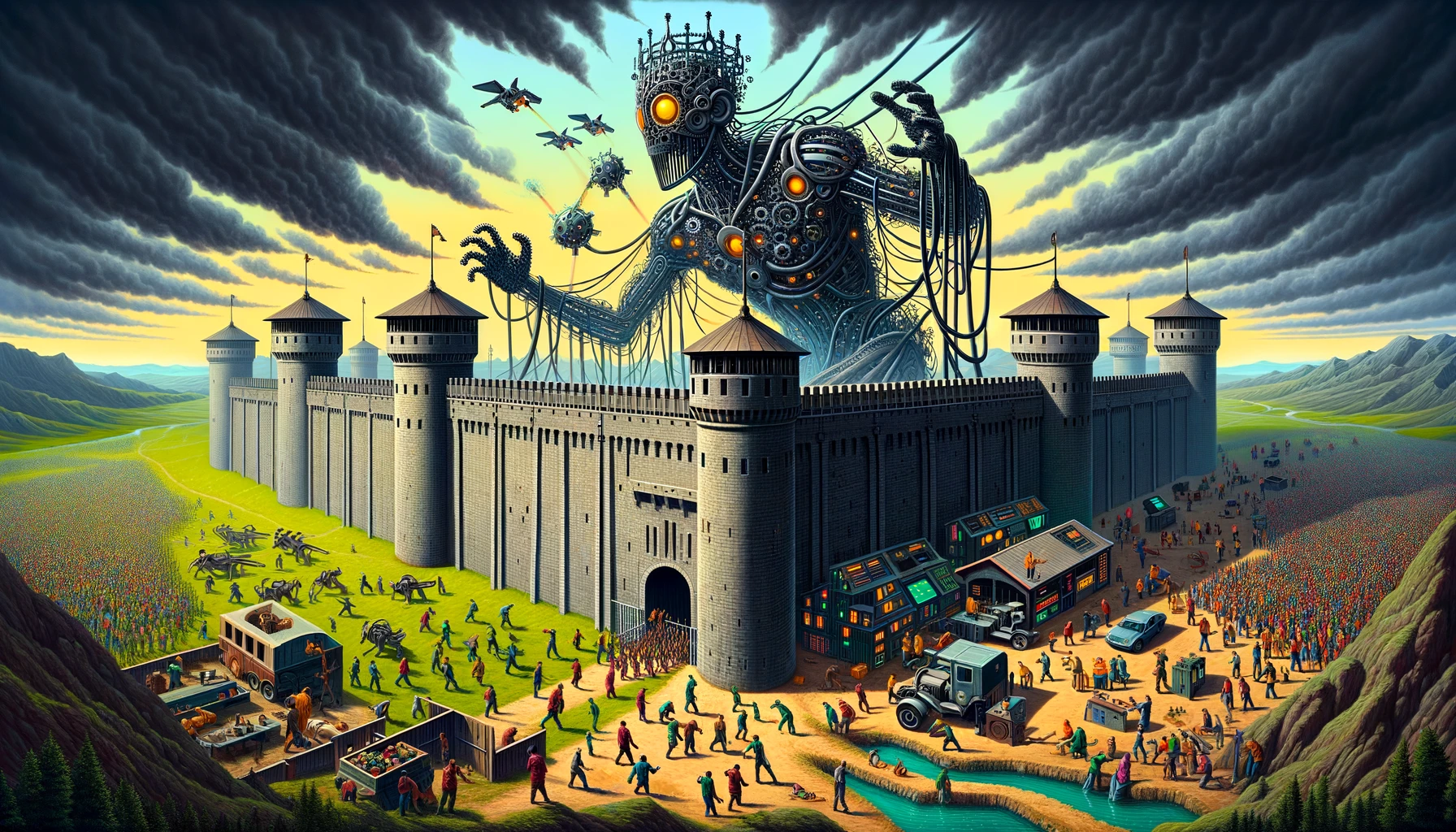 An imposing castle represents a tech giant's platform in a landscape, with chaos outside its walls as people are turned away, symbolizing rejected immigrants. Inside, occupants tear down workers' rights banners, while a monstrous AI figure made of gears and wires looms above, casting a shadow over workers who train it before being dismissed. In the background, a graveyard of cars and bank vaults symbolizes the failure of technological promises, illustrating the consequences of vendor lock-in and the illusion of progress.